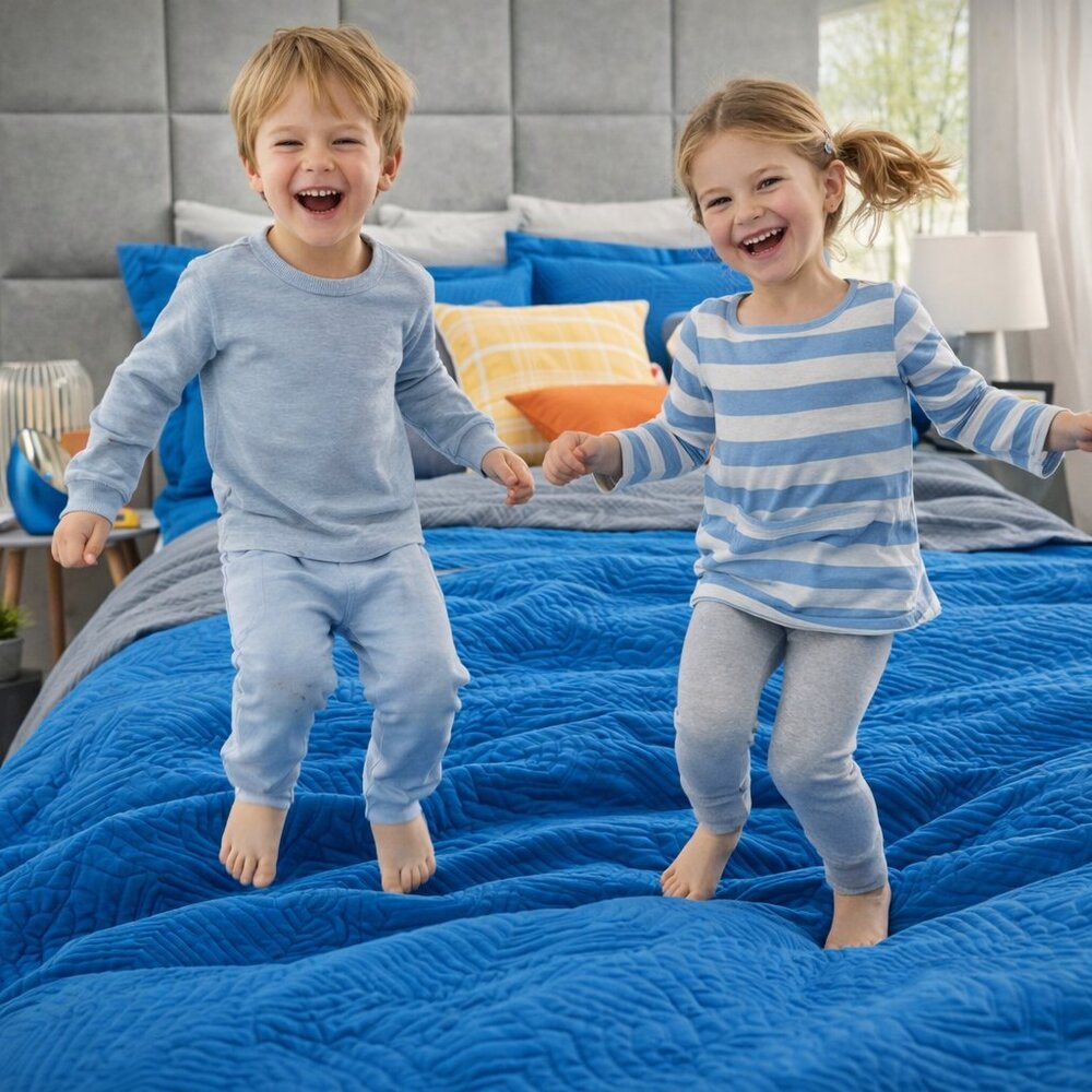 3 Piece Quilted Bedspread Set Queen & King Size Blue Embossed Light Quilt